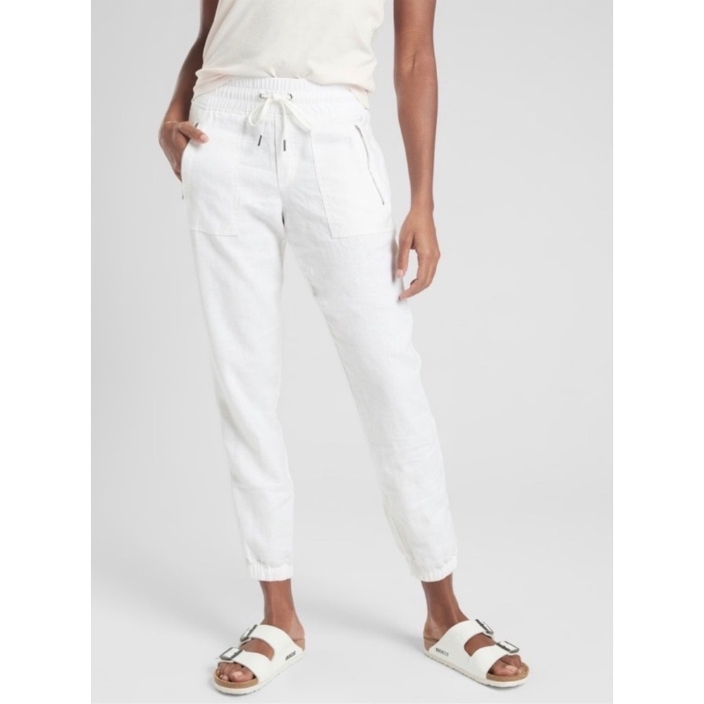 Athleta Cabo Linen Jogger Pants White Women 12 Relaxed Fit Drawstring